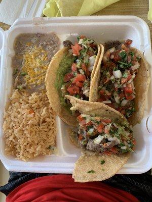 Carne Asada Tacos, rice, beans