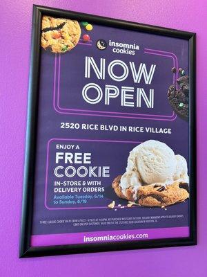 Opening week special (6/14-6/19)! Free cookie with delivery or in store.