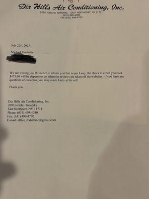 Letter from contractor stating no refund until review is removed