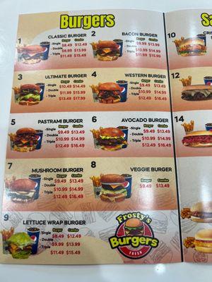 Burgers menu