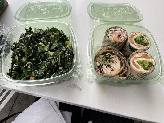 Shaved brussel sprout salad and salad bar half wraps