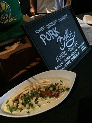 Pork Belly Adobo Congee (by Chef Garrett Doherty) - Savory pork belly adobo served over Jasmine rice porridge