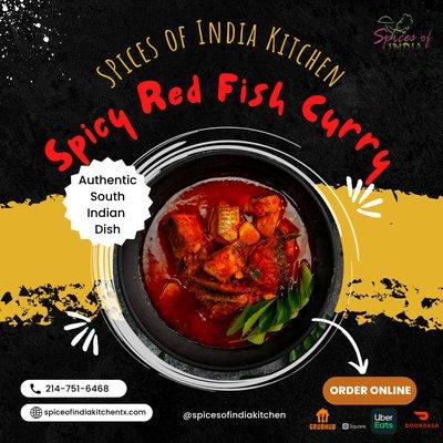 This fiery Spicy Red Fish Curry is a staple Kerala dish.
Spices of India Kitchen is an Indian restaurant in Irving Texas.