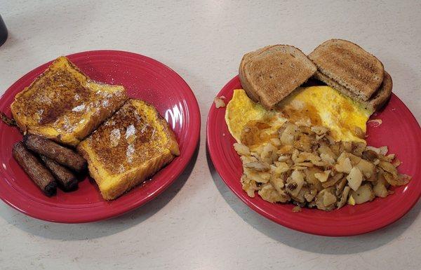 French ghosts with snausages, cheese omelet, homefries, and dark, dry rye toast