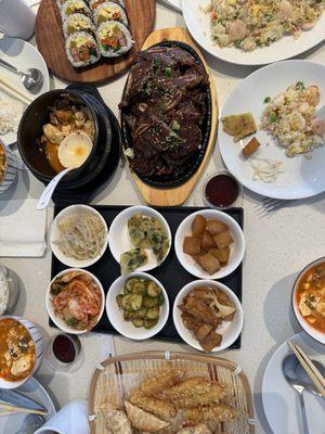 Kimbap, short ribs, shrimp fried rice, beef soft tofu soup