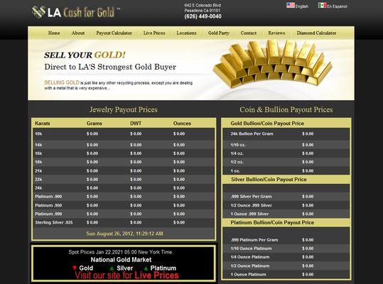 LA CASH FOR GOLD LIVE PRICE PAGE Shows you How much you will get when you sell your gold in Pasadena's most transparent Exchange