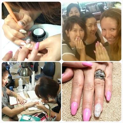 Outstanding work today ladies: Kay, Leah & Chloe!!! I  love my new nails: coffin shape, lace design & color