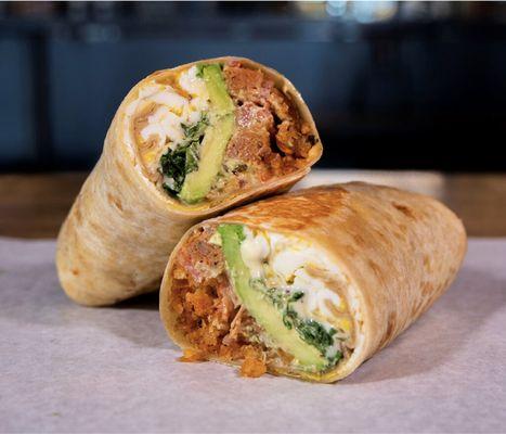 Beyond Sausage Breakfast Burrito (plant based): Eggs/Beyond Sausage/white American cheese/tots/spicy basil aioli/avocado/arugula/tomoato