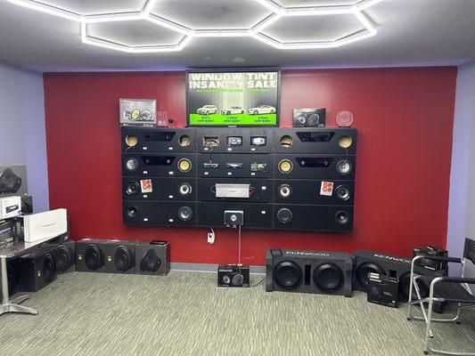 Sound room with various systems and speakers.