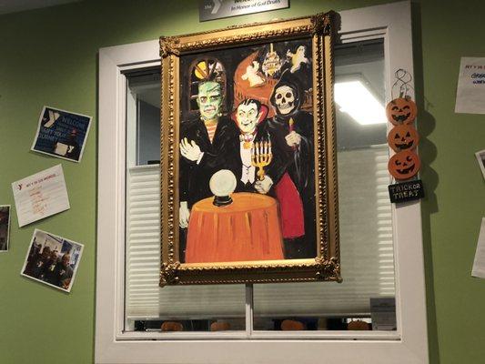 Thursday, October 31, 2019: YMCA waiting area decorated for Halloween.