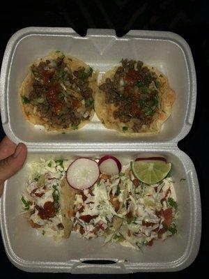 Carne asada tacos and shrimp tacos