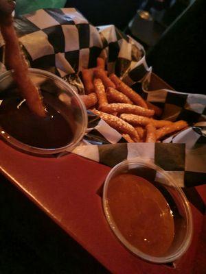 Funnel cake sticks w/ chocolate sauce and Caramel