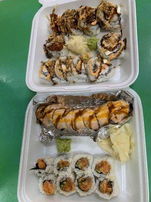 From top to bottom: WA roll, Las Vegas roll, Salmon bake, Spicy salmon