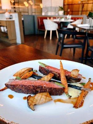 Striploin and Pomme Puree with Pumpkinseed Oil, Roasted Baby Carrots, Trumpet Royal