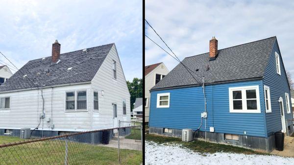 Before and after vinyl siding replacement in Garden City, Michigan.