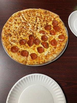 Medium half Cheese Pizza and Pepperoni Pizza