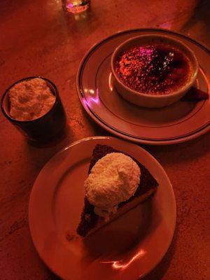 All 3 desserts - Pot de creme, Creme brulee and Almond cake