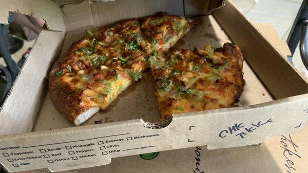 I small Butter Chicken Pizza. This was suppose to be large but they gave a small size instead. SMH.