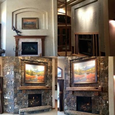 Before and after of reframe and new fireplace with stone work all done by Chimney Doctors!