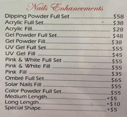 Price list: Nail Enhancements