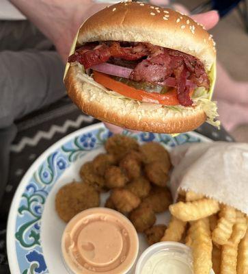 Bacon Pastrami Burger with fries and okra