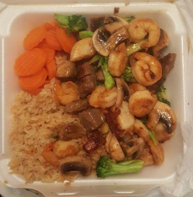 Steak, Shrimp, and Scallops Hibachi.