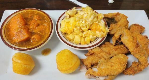 Whiting dinner with mac and cheese and yams