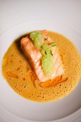 Grilled Salmon, XO Oil, Celtuce, Finger Lime, Sea Buckthorn Buerre Blanc