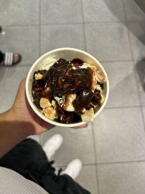 Mint Chocolate Chip, Chocolate Peanut Butter, Cookies & Cream Frozen Yogurt - hot fudge, nutella, cheesecake bites & oreos!