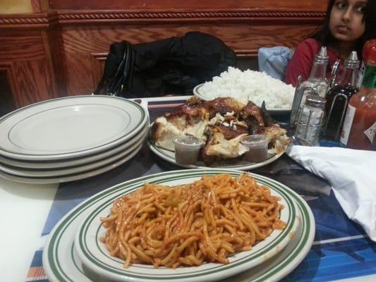 Chicken, spaghetti, and rice and beans.