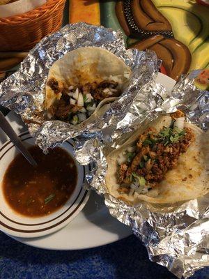 Chorizo Street Tacos (2) and Al Pastor Street Taco (1)