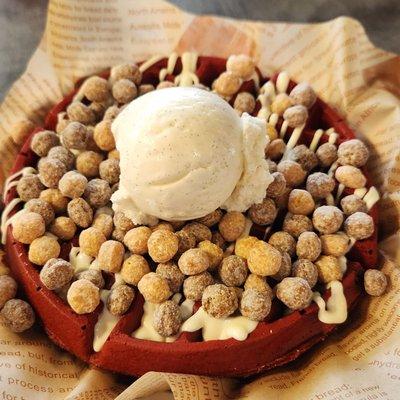 Red velvet magic waffle with ice cream