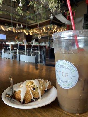 Blueberry Lemon Scone, Chai Tea, Colorful and Cozy Background with string lights and coffee