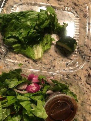 Garden salad with whole lettuce leaves and chunks of cucumbers versus salad.