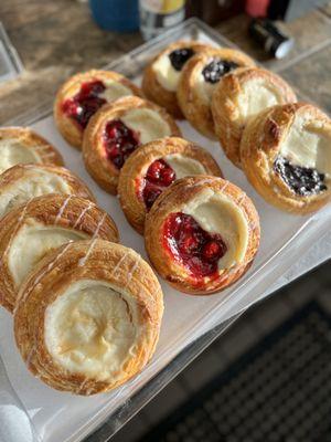 Danishes: cream cheese, cherry and blackberry.