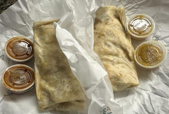 Chorizo Breakfast burrito - comes in pairs and 3 incredible sauces!