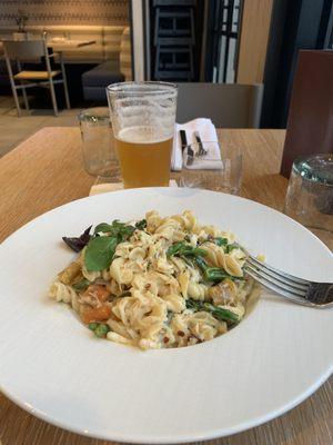 Crab pasta with vegetables and a nice view of the bay.