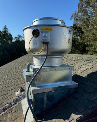 New exhaust fan installed, complete with hinges, grease box and waterproof wiring harness.