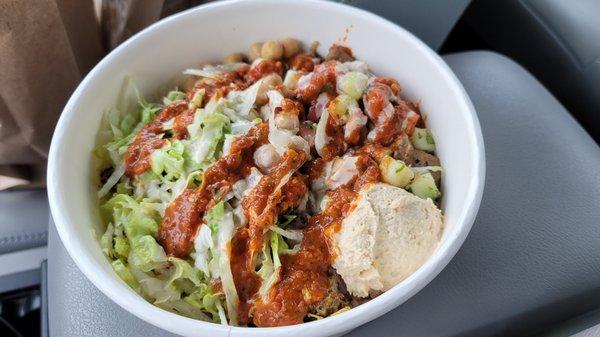 Half gyro half chicken shawarma bowl with lots of yummy toppings