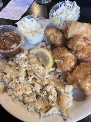 Deep, fried fish, garlic, mashed potatoes, beans, coleslaw delicious