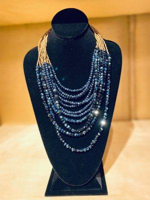 Jackie Jones Necklace with Blue Crystals & Brass Beads