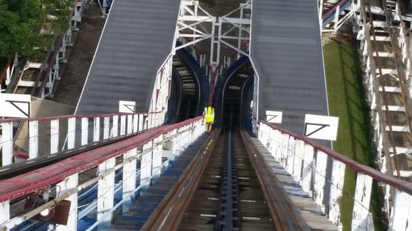 Our lovely station dispatcher Patty making the loooong trip back down the red side's lift hill. Brave girl.