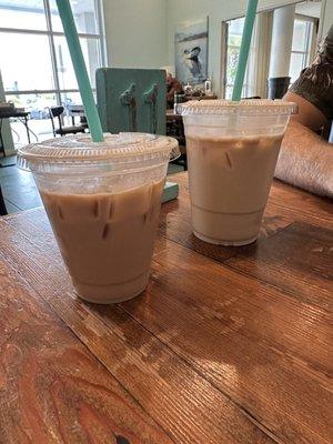 Small iced honey bee latte on left and medium iced caramel latte