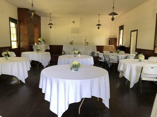 Our table settings in the village hall. Perfect day