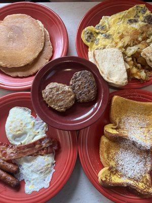 short stack of hotcakes w/ turkey sausage athenian omelet colonial breakfast special