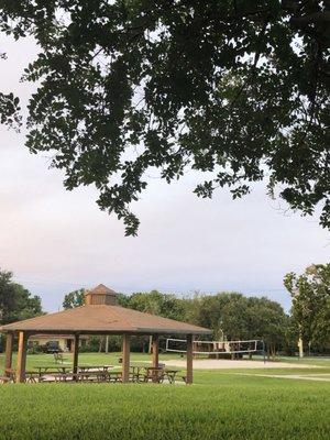 Picnic pavilion and sand volleyball court.