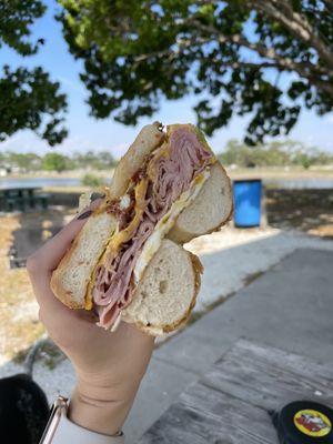 Pepper Jack everything bagel with ham, bacon, egg and cheese!