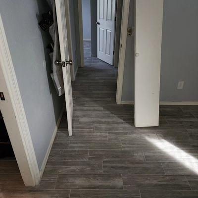 Porcelain plank tile/base trim install.