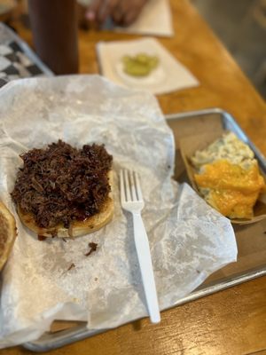 Brisket sandwich with cheesy mashed potatoes