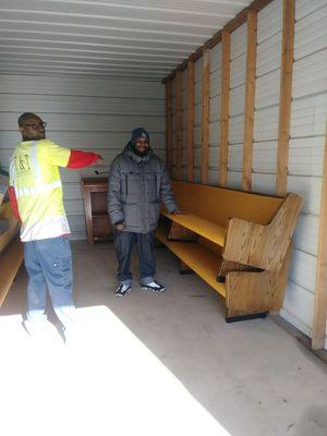 Blues movers moving Church pews